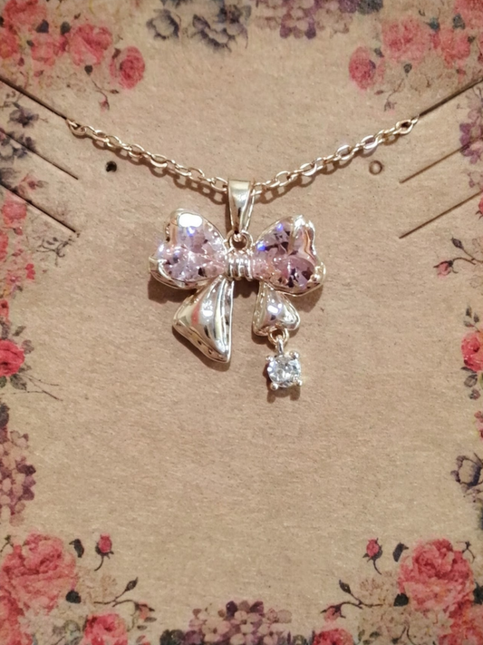 18K Gold Plated Titanium Steel Pink Bow Necklace